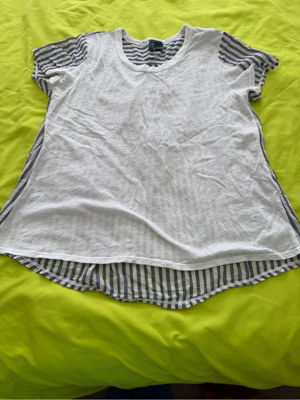 White Short-Sleeve Layered Tunic with Navy Stripe Accents